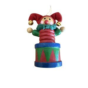 Vintage Jack-In-The-Box Jester Christmas Ornament Red Green Blue Wood Velvet hat